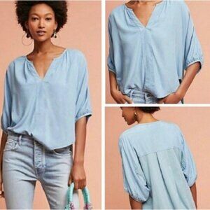Anthropologie Odette Blouse by Porridge Light Blue S Hi Low Top